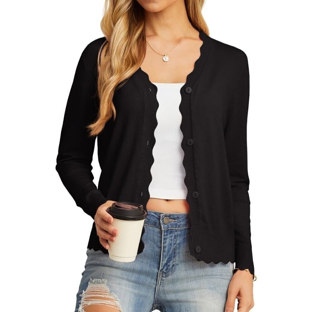 Womens Black Lightweight Sweater Button Down Long Sleeve Casual Tops Shrugs